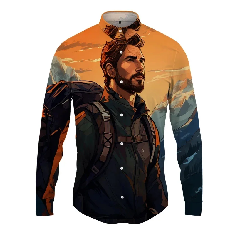 thumbnail image 1 of Camisa con solapa con estampado 3D de paisaje para hombre y mujer, camisas casuales de moda de manga larga, ropa de calle con botones, ropa unisex de gran tamaño, 1 of 5
