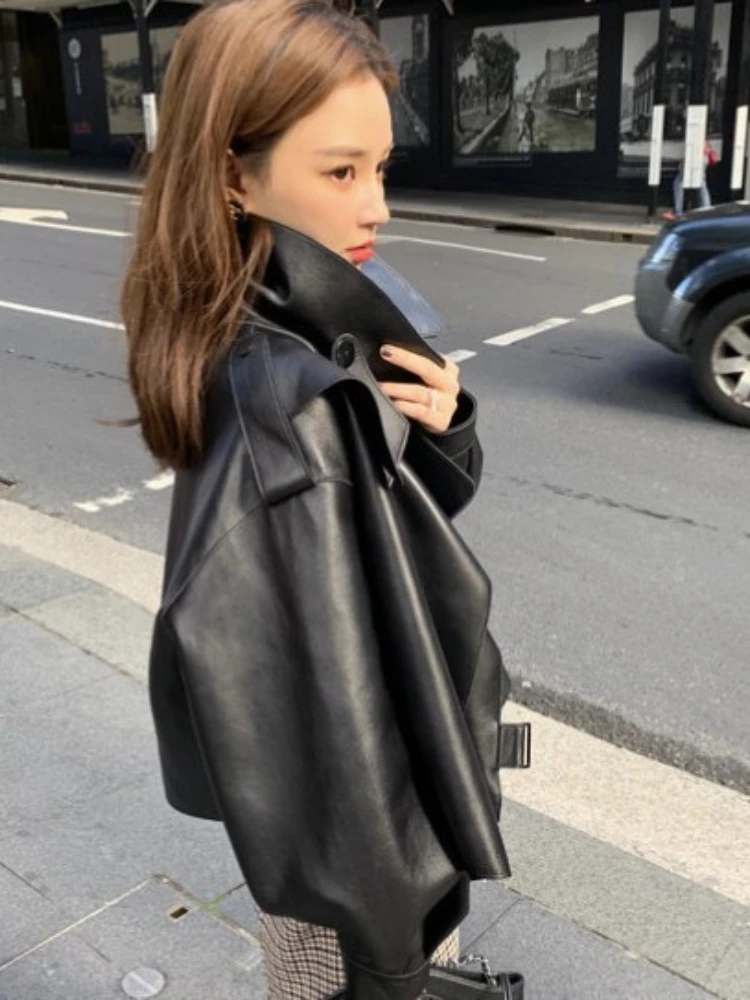 Fried Street Motorcycle Leather Clothes Women\'s New Korean Large Lapel Loose Short PU Black Jacket In Autumn 2022