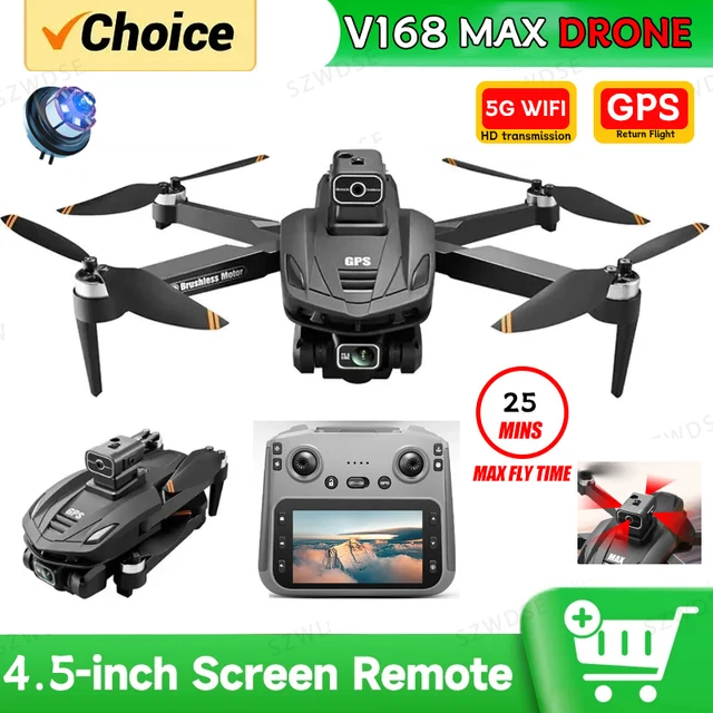 Drone GPS V168 MAX 2026 Professionnel avec Caméra 8K, FPV Aérien, Moteur Brushless, Évitement d'Obstacles, Grand Écran, Télécommande Pliable 1