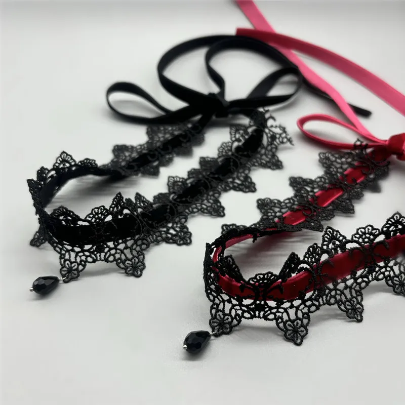 2026 New Sexy Lace Flower Necklace for Women Gothic Punk Velvet Collar Choker Black Waterdrop Pendent Necklace Strap Bow Jewelry