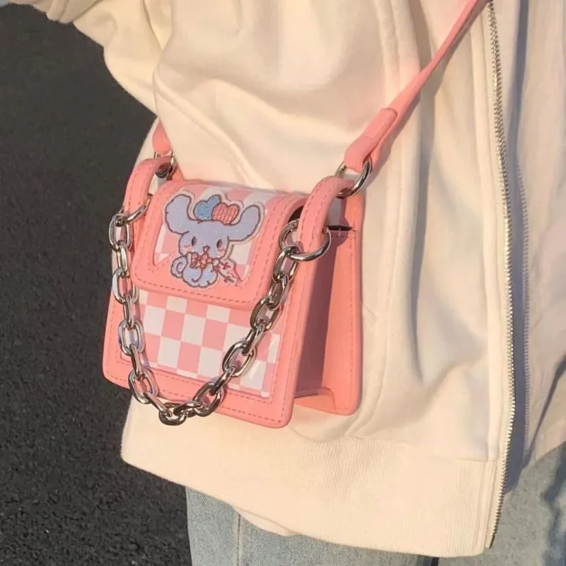 MBTI Pink Cinnamoroll Shoulder Bag for Women Small Plaid Sweet Designer Handbag Square Summer Leather Female 2024 New Coin Purse