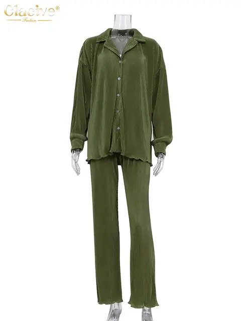 Clacive Causal Loose Home Suit Autumn Long Sleeve Blouse With High Wasit Pants Set Women Elegant Pleated Beige 2 Piece Pant Sets Green Sets