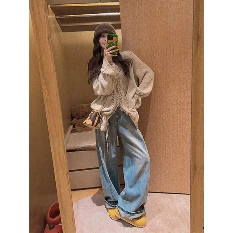 임산부를위한 봄 가을 긴 청바지 바지 바닥 길이 스트레이트 레그 와이드 레그 배꼽 지지대 없음 편안한 캐주얼 바지