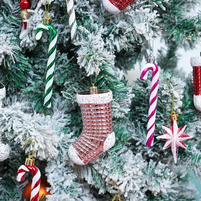 6Pcs Green And White Plastic Candy Cane Christmas Tree Decorations 13cm,Christmas Glitter Candy Cane,Christmas Tree Hanging Decorations For Xmas,New