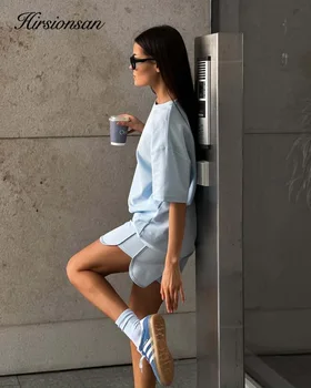 Hirsionsan Soft Cotton Sets Women 2026 New Casual Two Pieces Short Sleeve T Shirts and High Waist Shorts Solid Outfits Tracksuit 1
