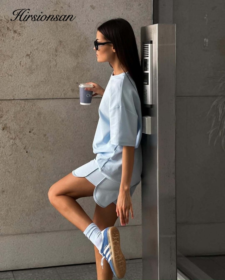 Hirsionsan Soft Cotton Sets Women 2026 New Casual Two Pieces Short Sleeve T Shirts and High Waist Shorts Solid Outfits Tracksuit