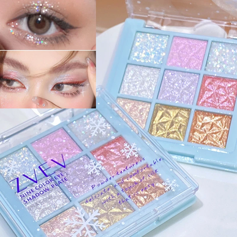 Glitter Pearly Eyeshadow Palette Waterproof Shining Eyeshadow 9-Color Blue Pink Snowflake Lasting Chrome Eyes Makeup Cosmetics