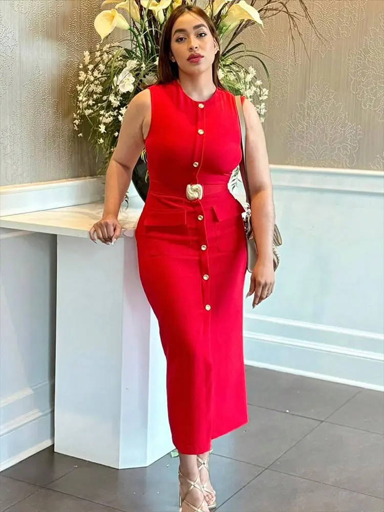 HH Women Casual Solid Belt Midi Dress O Neck Single Breasted Sleeveless Dresses Front Slit Slim Lady Elegant Evening Dress