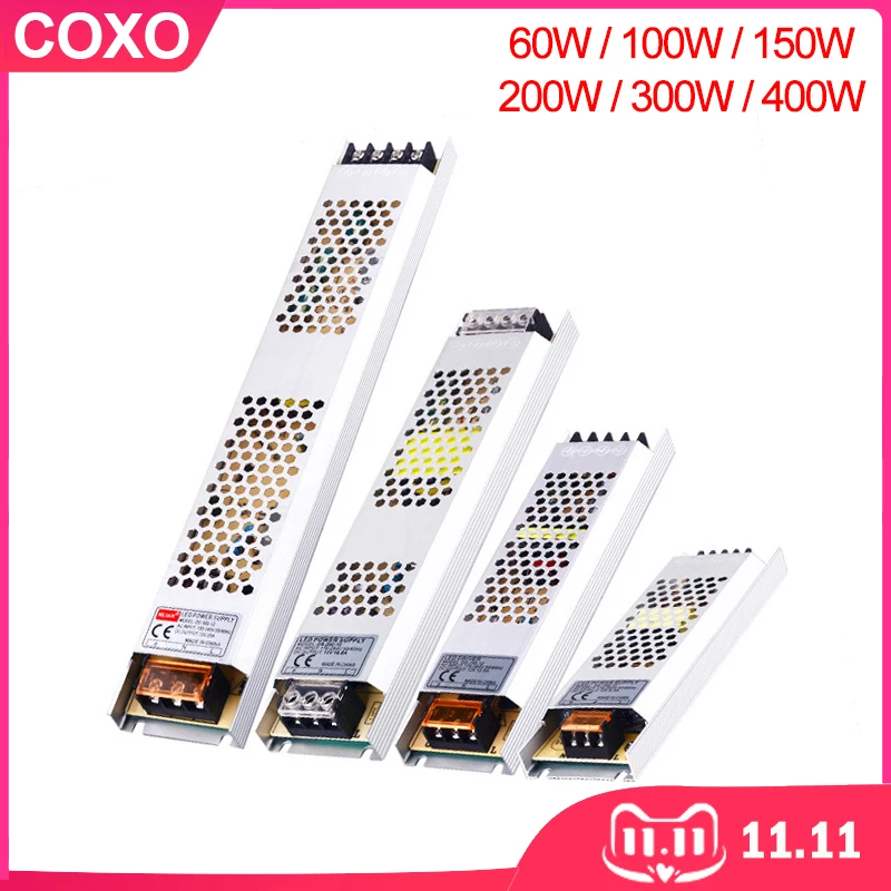Ultra cienki zasilacz LED DC 12V 24V Transformatory oświetleniowe 60W 100W 150W 200W 300W 400W AC180-260V Sterownik do taśm LED - AliExpress 39
