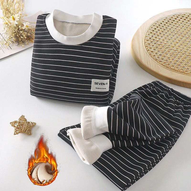 Pyjama Velours Manches Longues Pour Bébé Et Enfant - Ensemble Chaud D'hiver, Coton Mélangé, Col Montant, Pour La Maison