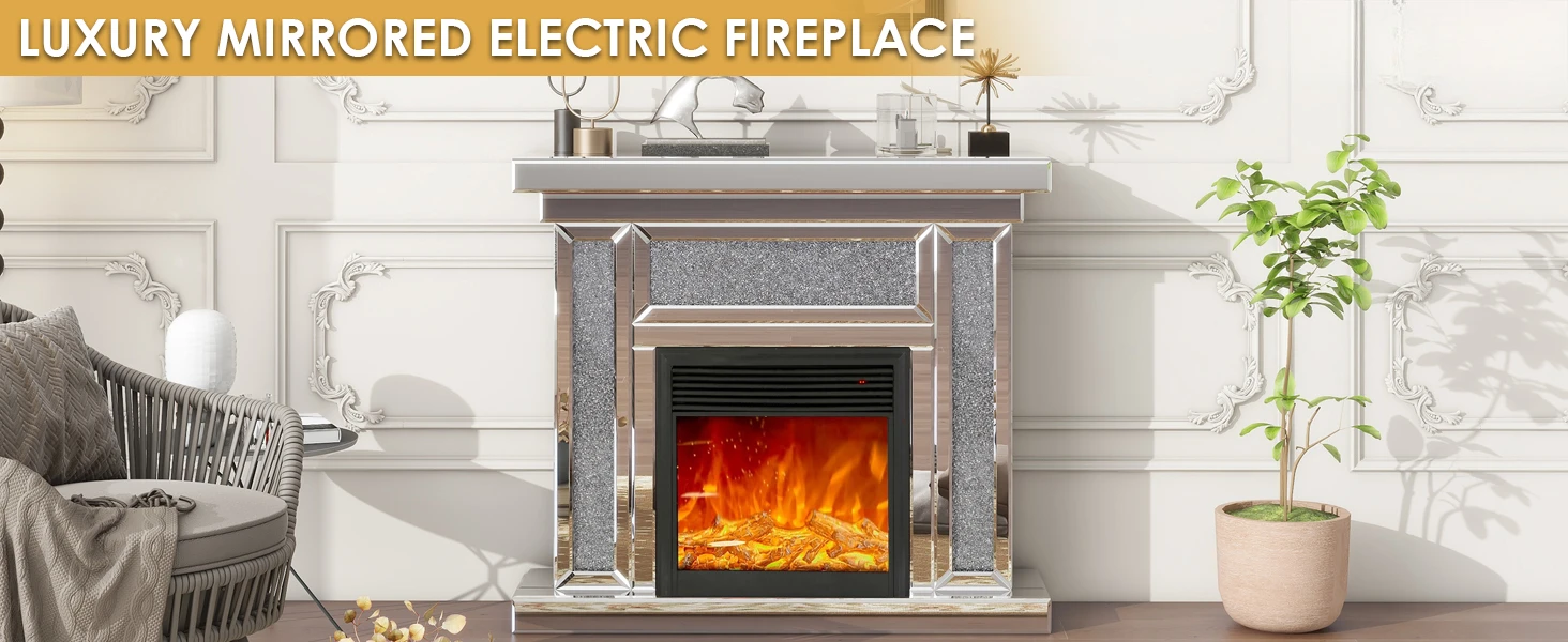 Mirrored Corner Electric Fireplace TV Stand, Faux Fireplace Mantel Freestanding