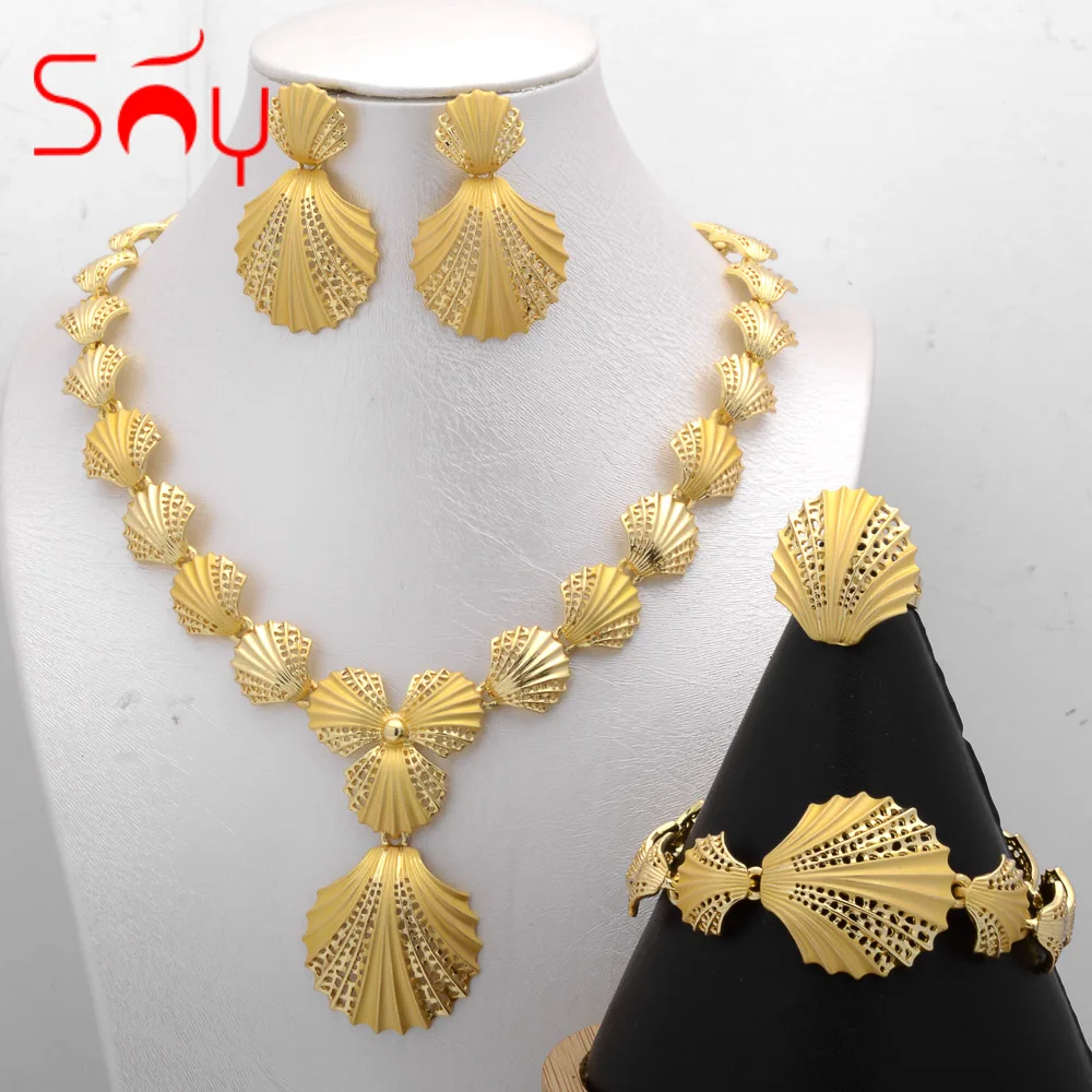 2309539-b8b36d.jpg Sba8be6419ea54efcad03825da2a0fa96b Sunny Jewelry Set Costume Shell Earrings Necklace Bracelet Ring Simple Design Gold Plated For Women Bridal Wedding Party Mallzona