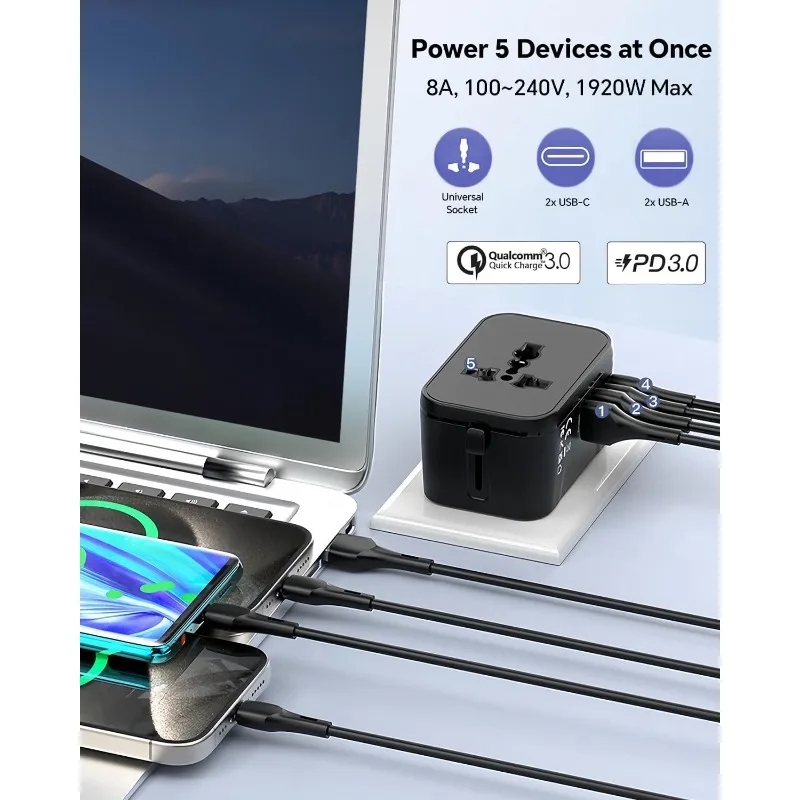 PD20W QC18W International Travel Adapter with 2 USB 2 Type C Fast Charging All-in-one Travel Charger EU/UK/USA/AUS for Travel