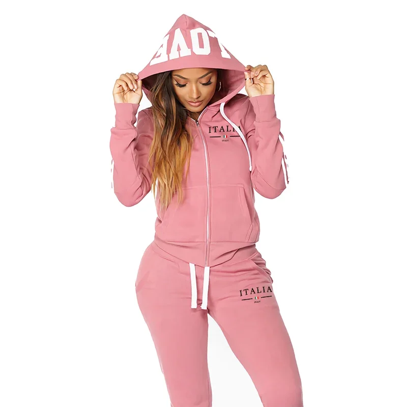 Italy Fashion Tracksuit for Woman 2025 Autumn Popular Zip-up Hoodie Sweatpants Female Urban Casual Fashion Sportswear 2Piece Set 3
