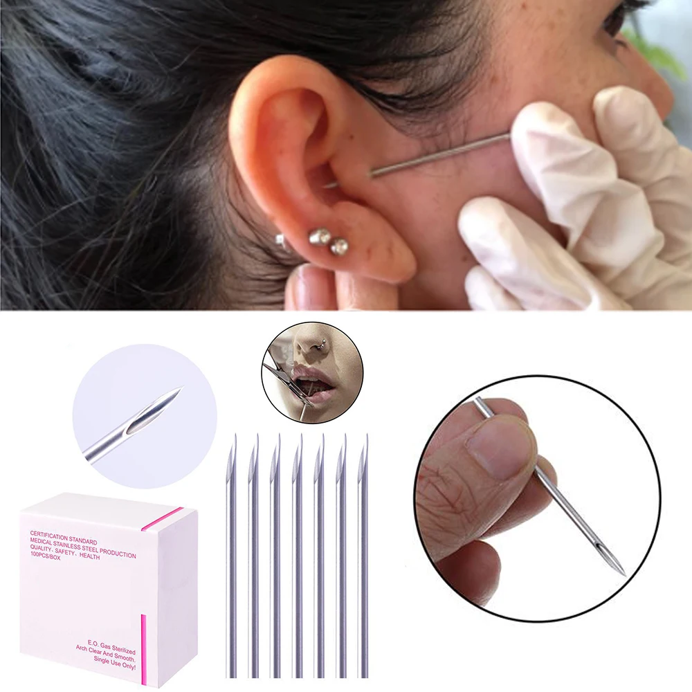 100Pcs Disposable Sterile Body Piercing Needles 12g/14g/16g/18g/20g 316 Stainless Steel Puncture Needle For Navel Stud Ear Nose