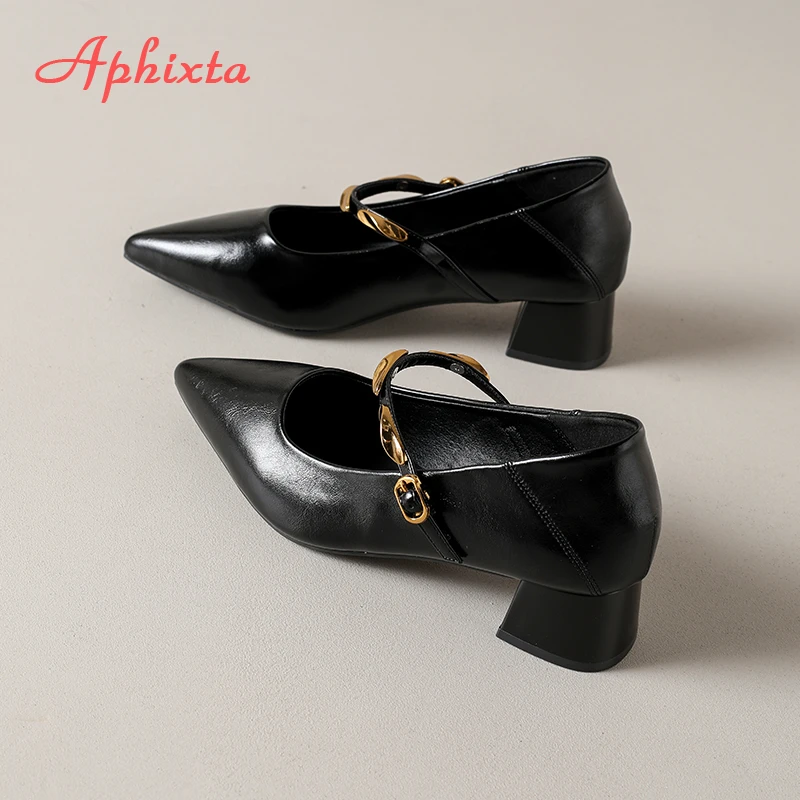 Aphixta High Quality 4cm Mid- Heel Pumps Pointed Toe Metal Buckle Women's Mary Janes High Heels Elegant Office Ladies Shoes