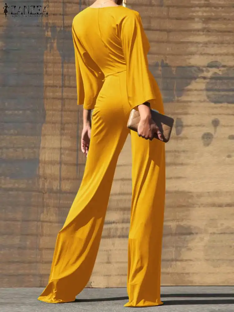 ZANZEA 2023 Fashion Knot Front Satin Jumpsuits Women Streetwear Sexy V-neck 3/4 Sleeve Long Romper Classy Wide Leg Pant Overalls