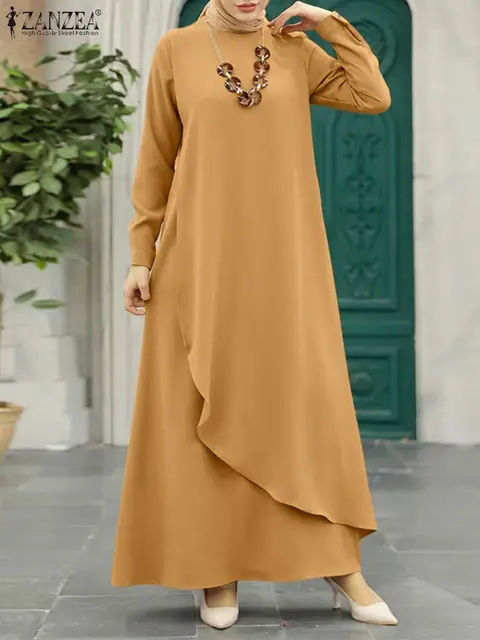  - Stylish Women Long Sleeve Solid Asymmetrical Hem Dress ZANZEA Eid Mubarek Ramadan Maxi Sundress Casual Loose Muslim Vestidos