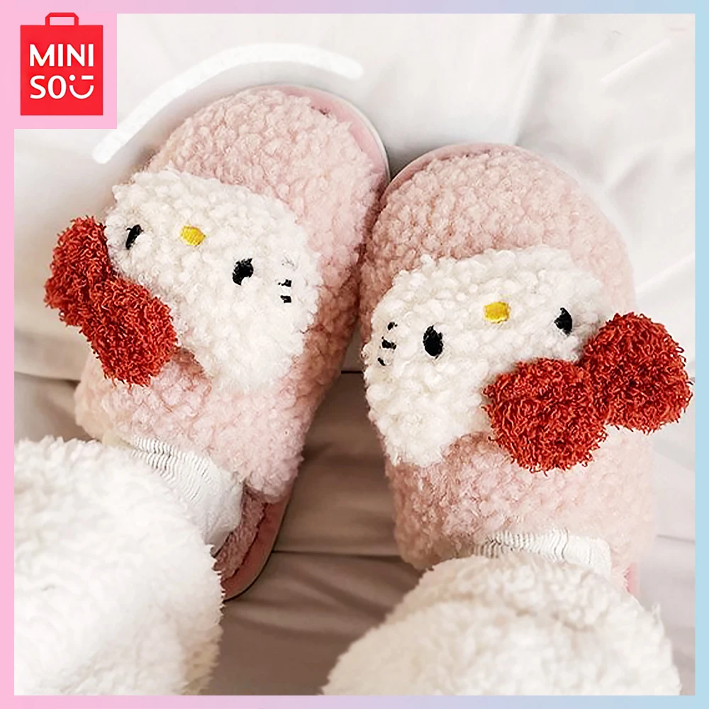 

New Miniso Hello Kitty Winter Plush Cartoon Kawaii Students Home Indoor Non-Slip Warm Cotton Slippers Girls Birthday Gift