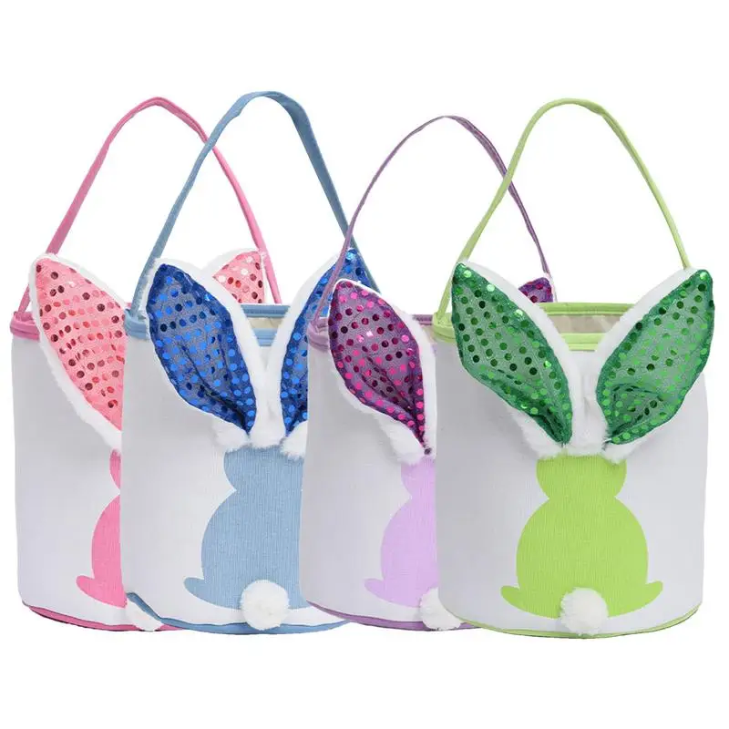 

LED Easter Bunny Basket For Kids Hunting Furry Tail Canvas Tote Bags With 3 Mode Rabbit Tote Bag Bucket For Egg Led Bunny Eggs