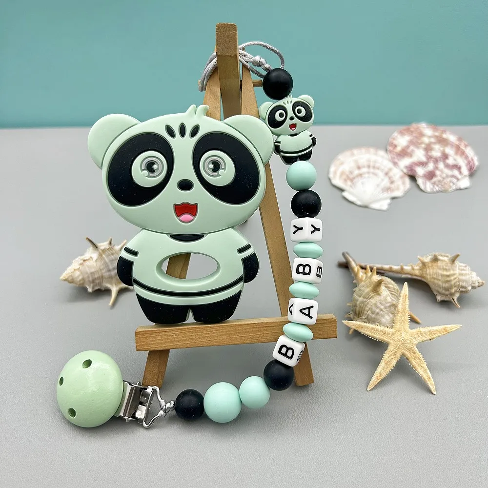 

Custom English Russian Letter Name Silicone Panda Pacifier Clip Chain Teether Pendant for Baby Pacifier Kawaii Teether Gifts