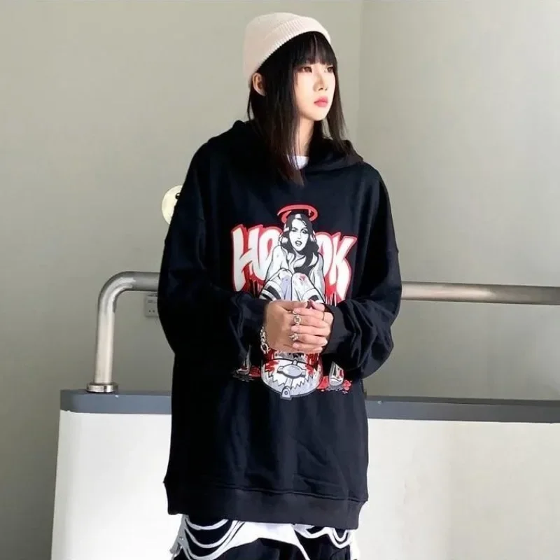 

Female Clothes Text Tops Hip Hop Hoodies Black Sweatshirts for Women Graphic Letter Printing Baggy Hooded Loose Long Basic Emo M