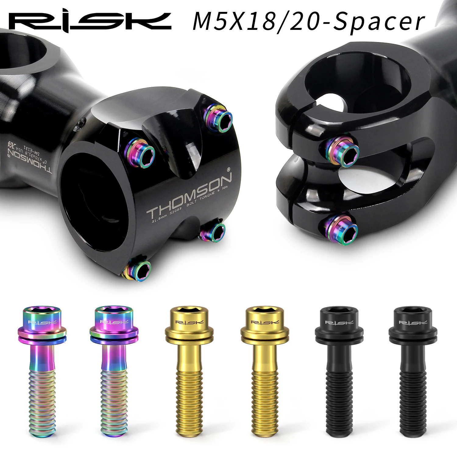 

NEW Design RISK 6PCS Titanium Bicycle Stem Bolt with Spacer M5x18mm M5x20mm Screw for MTB Mountain Bike Handlebar and Front Fork