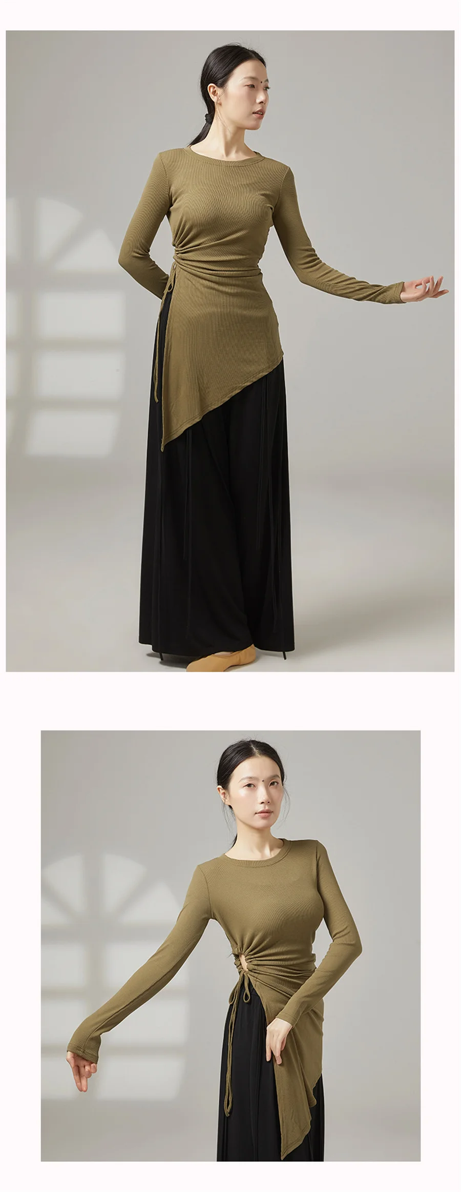 Damen-T-Shirt für modernen Tanz, asymmetrischer Saum, geripptes Yoga-Oberteil für Damen, Kordelzug an der Taille, Ballett-Trainingskostüm, klassischer Tanz – Detail 10