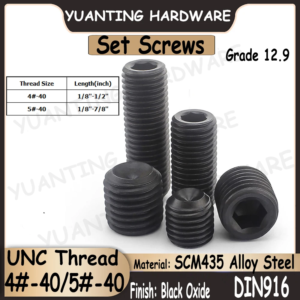 

20Pcs 4#-40 5#-40 UNC Thread DIN916 Grade 12.9 Alloy Steel Black Oxide Hexagon Socket Set Screws with Cup Point Headless Screws