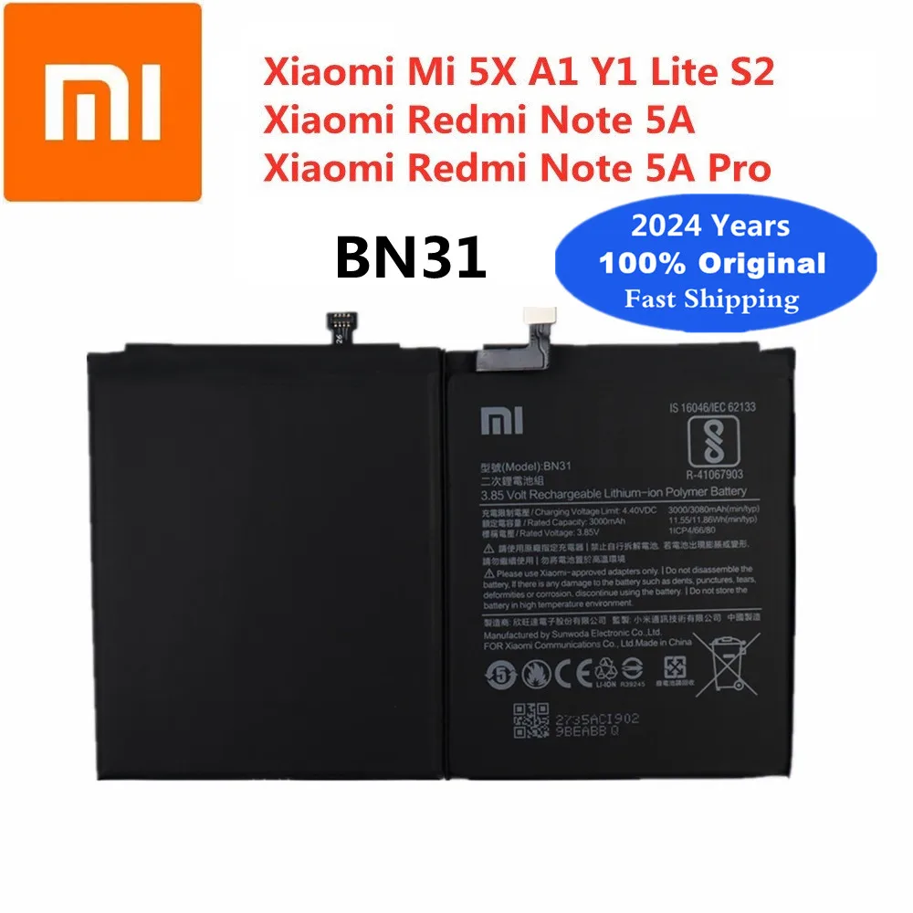 

2024 Years BN31 Original Battery For Xiaomi Mi 5X Mi5X A1 MiA1 Redmi Note 5A / 5A Pro Redmi Y1 Lite S2 3000mAh Phone Batteries
