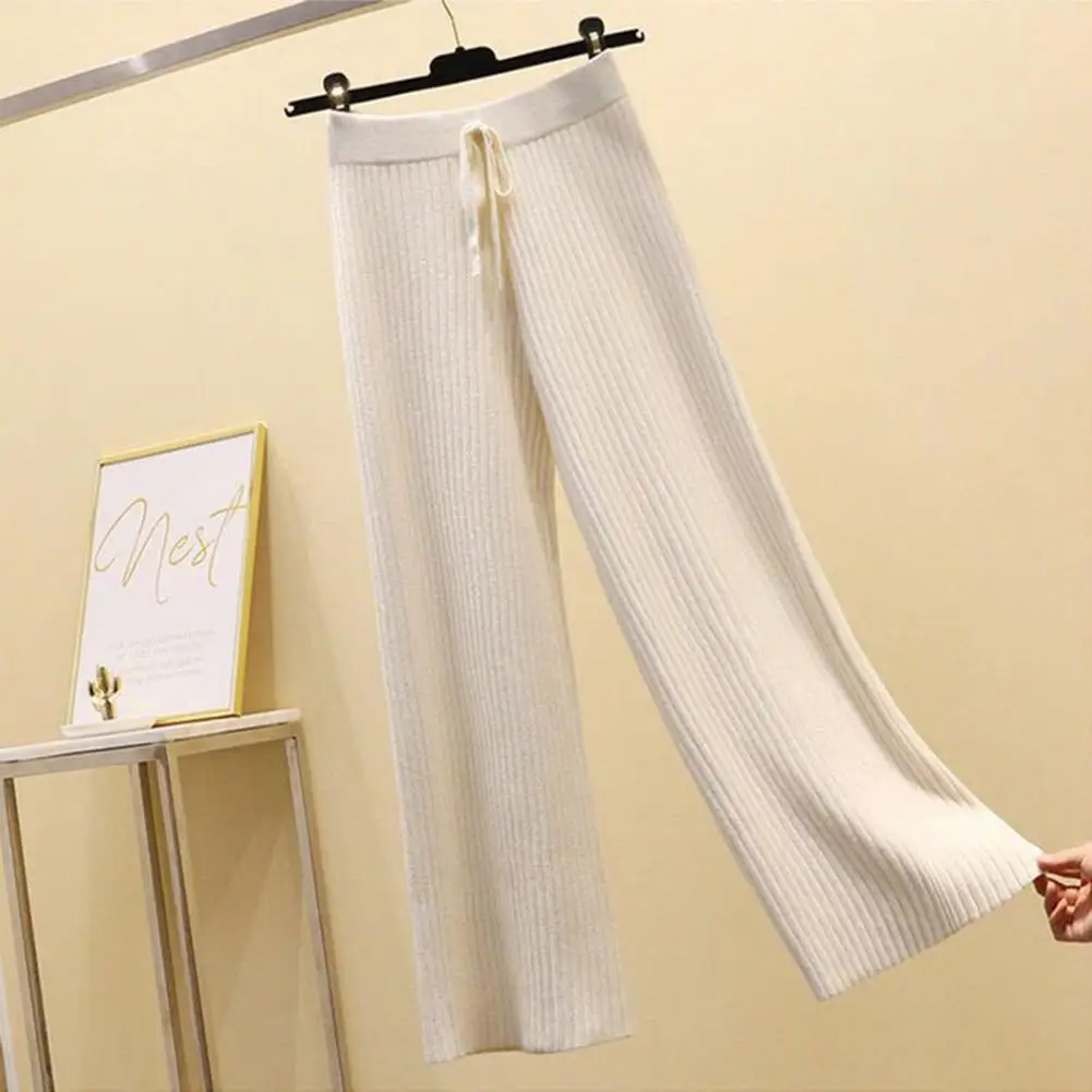 

Casual Wide-leg Pants Streetwear Women's Ribbed Wide Leg Pants Elastic High Waist Drape Drawstring Solid Color for Autumn/winter