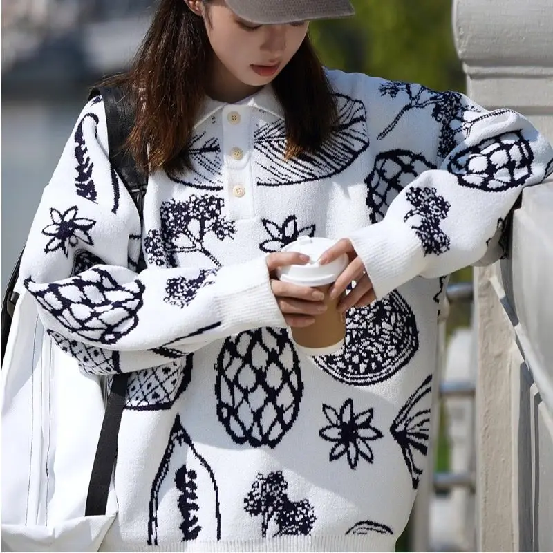 

High Quality Cute Fruits Embroidery Sweater Mens Hip Hop Oversized POLO Neck Pullover Harajuku Korean Winter Clothes Kawaii Tops