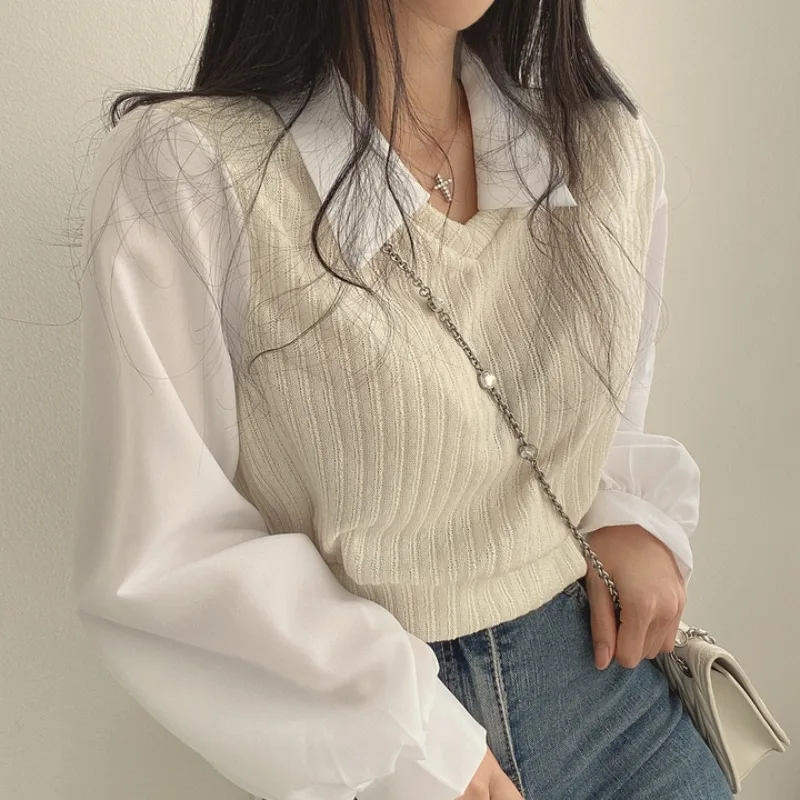 

Fashion Autumn Vintage French Style Shirt Splice Lapel Knitwear Long Sleeved Fake Two Piece Short Sweater Elegant Top