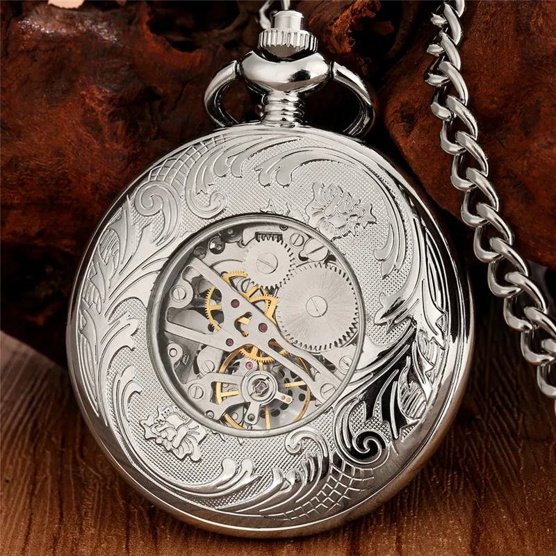Silver Engraved Roman Number Cover Men Women Skeleton Handwinding Mechanical Pocket Watch FOB Chain Hollow-out Case Clock