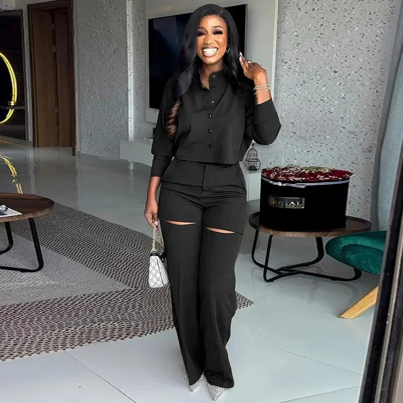 Trend Lapel Long Sleeve Shirt Tops Women Two Piece Sets Outfits