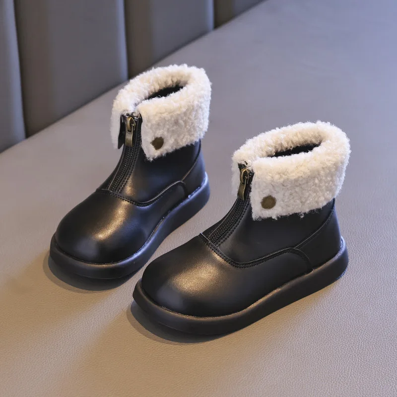 

Girls Boots Kids Fashion England Boots Cool Girl Autumn Winter Cotton Soft Sole Princess Round-toe PU Leather Warm Snow Shoes