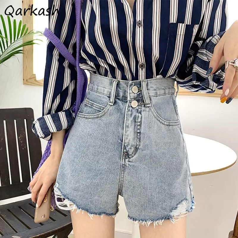 

Denim Shorts Women Hole Unique Ins Loose Summer Casual High Waist Fashion Distressed Streetwear Students Simple All-match Chic