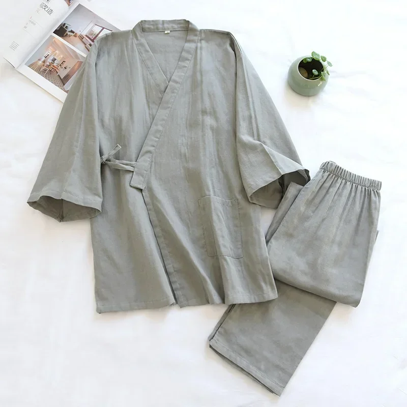Japanese Mens Pyjamas Lace-up Gauze Kimono Summer Autumn Pajamas Five-point Sleeve Sleep Wear Suit