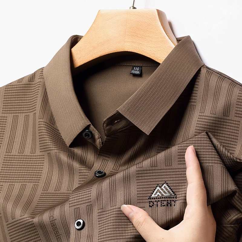 

Brand New Fashionable Men's Ice Silk Lapel Printed Long Sleeved Polo Shirt Business Casual Spring Autumn Top Men's Clothing