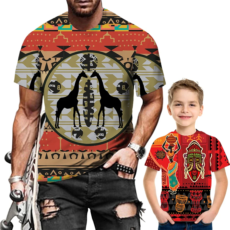 

African Tribal Totem Pattern 3D T Shirt New Summer Kid Boys/Men's Oversized Short Sleeve Tops Family Clothing T-shirt
