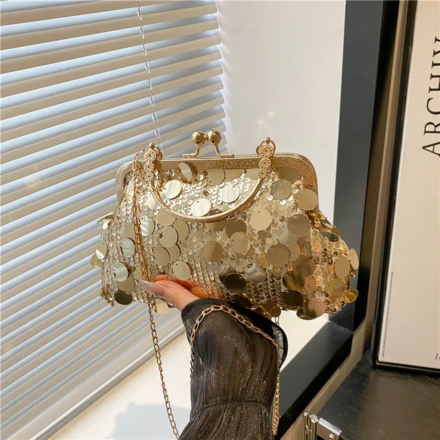 Elegant Sequined Evening Shoulder Bags for Women Solid Color Ladies Clip Chain Crossbody Bag Casual Female Shell Handbags Purse
