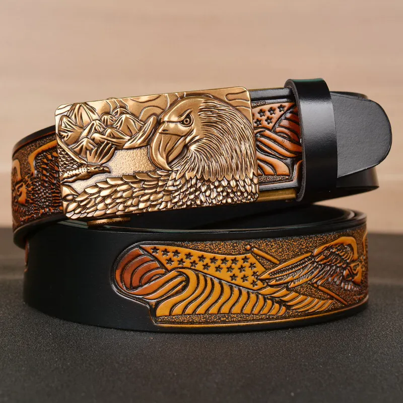 

Rectangle Metel American Eagle Automatic Buckle Fashion Mens Leisure Belt Embossment Leather Waist Strap Jeans Accessories Cinto