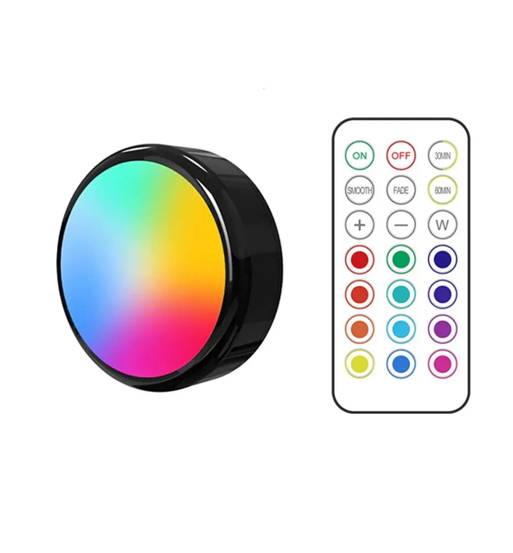 Wireless RGB LED Dimmable Puck Lights with Remote Control - Battery Operated for Under Cabinet, Kitchen, and Closet Use