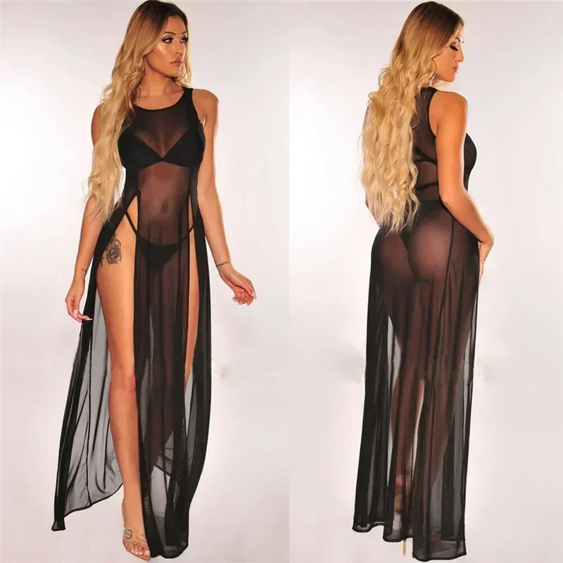 Summer Sexy Mesh Sheer Long Dress for Women Bikini Cover Up Beach Sundress Solid See-through Sleeveless Strap Beach Dress 1