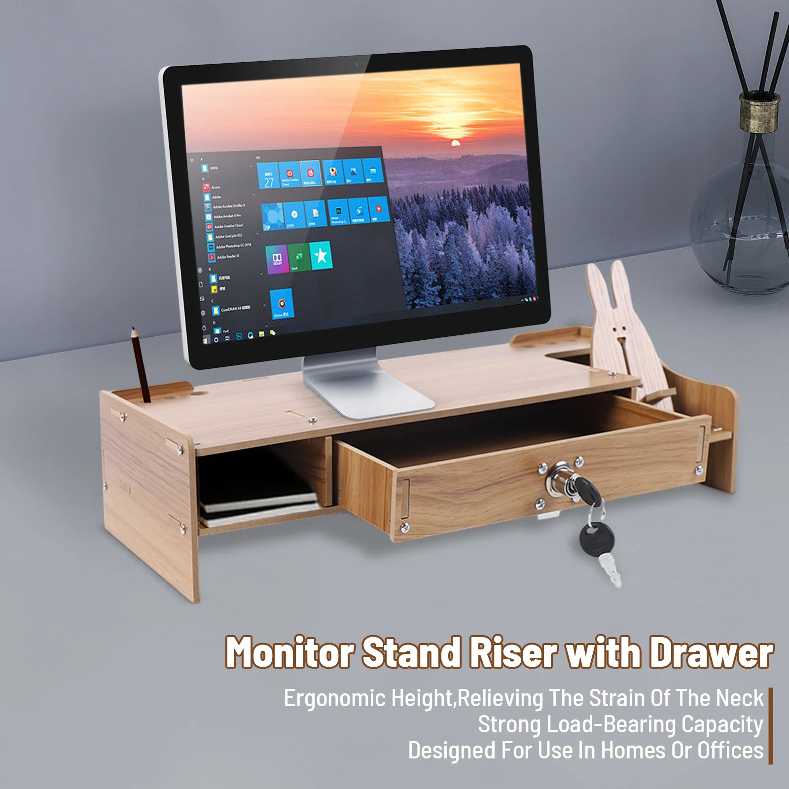 

Holz Organizer Mit Schublade Datei Lagerung Schreibtisch Monitor Riser Computer Stand