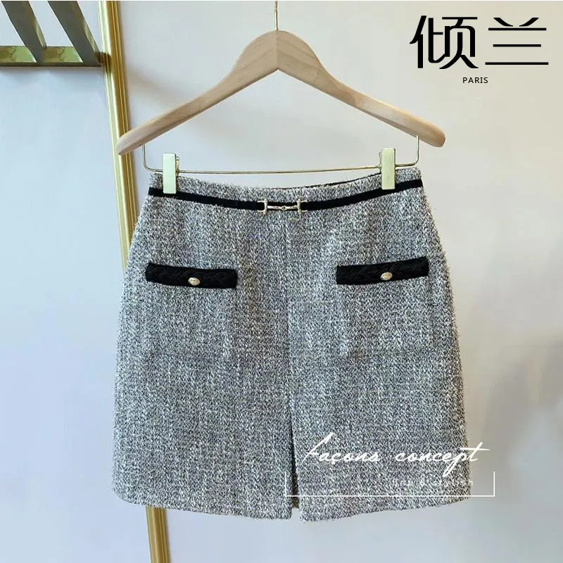 

PATADS French niche skirt, autumn and winter, small fragrant pocket, commuting A-line short skirt for women