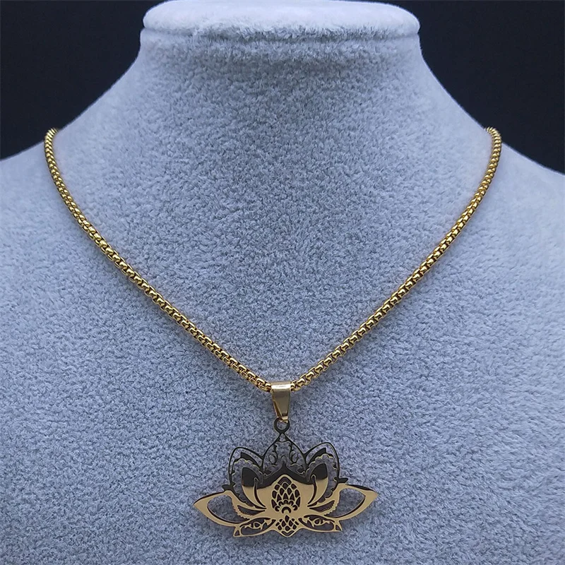Yoga Lotus Flower Chakra Necklace Gold Color Buddhist Symbol Necklaces Lucky Amulet Spiritual Jewelry colier femmes N3386S02
