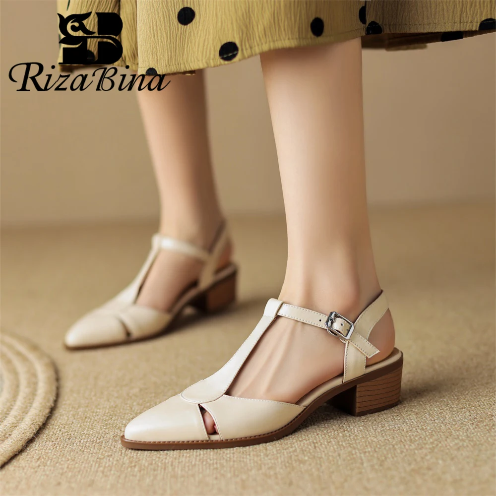 

RIZABINA New Women Sandals Real Leather Roman Hollow Weave Low Heel Sandals Ladies Cover Toe Buckle Strap Summer Casual Shoes