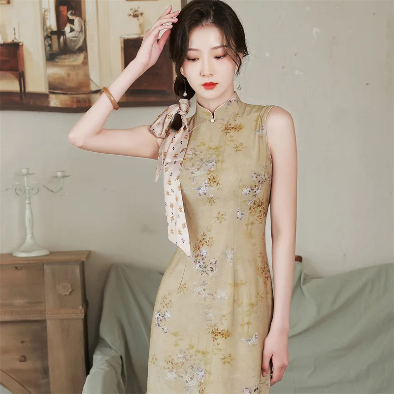 

2022 Summer New Imitation Ramie Double-layer Printing Mid-length Sleeveless Cheongsam Retro Improved Qipao for Young Girl