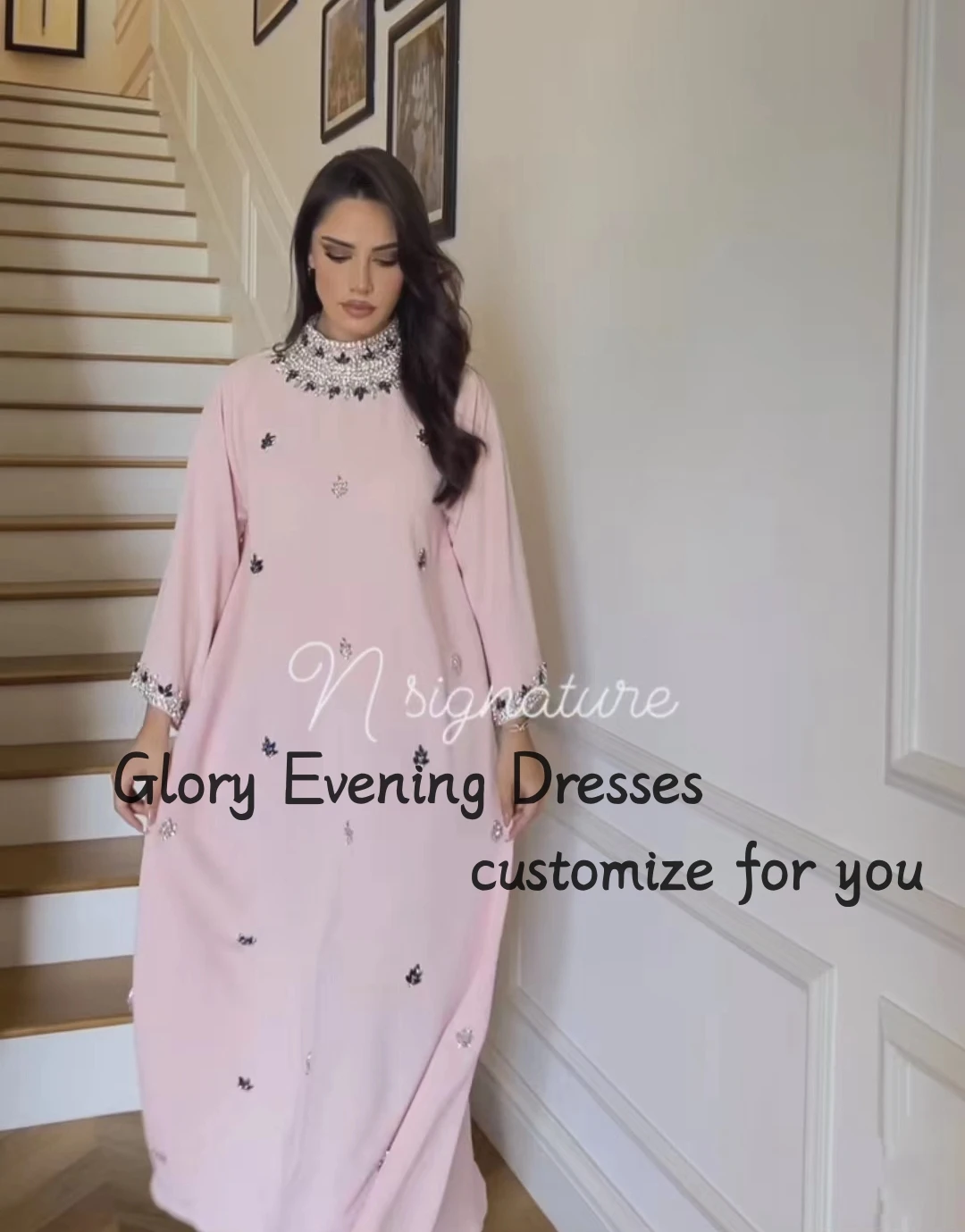 Wine Red Crystal Prom Dresses Loose Long Sleeves Beads Elegant Customizable Evening Dress Formal Occasion Party Gown Robes De